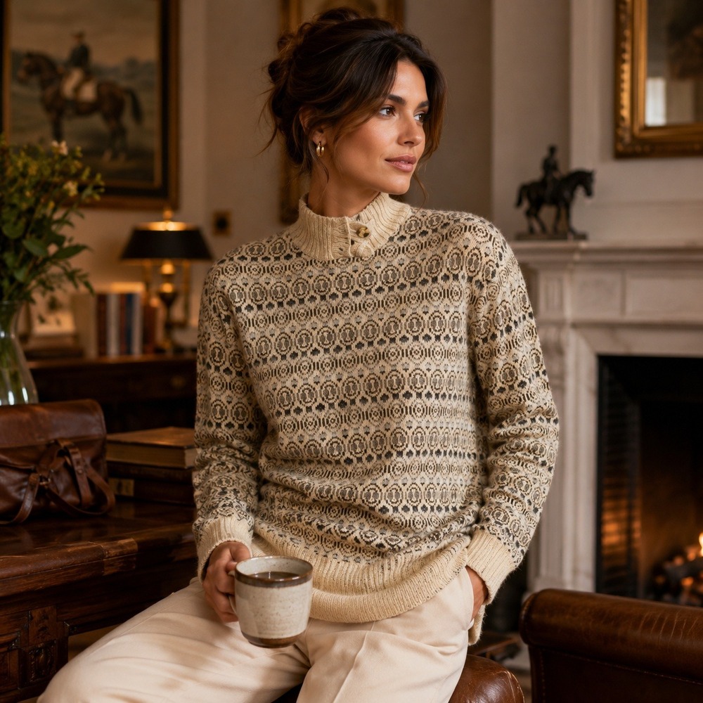 Prides Landing Vintage Silk Blend Fair Isle Sweater Mock Neck Earth Tones Large
